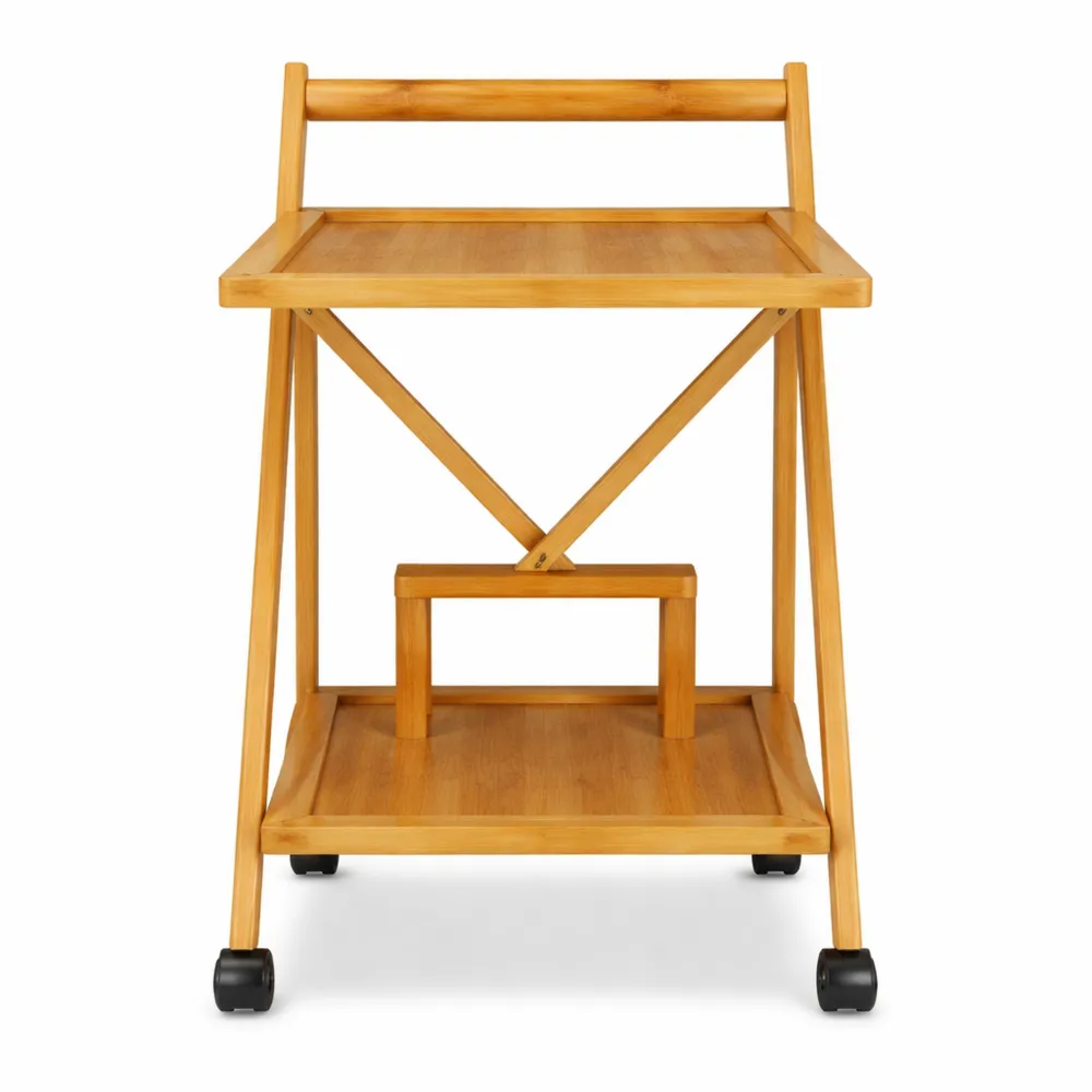 Chariot de Cuisine Pliable en Bambou avec Tablette et Porte-Boissons