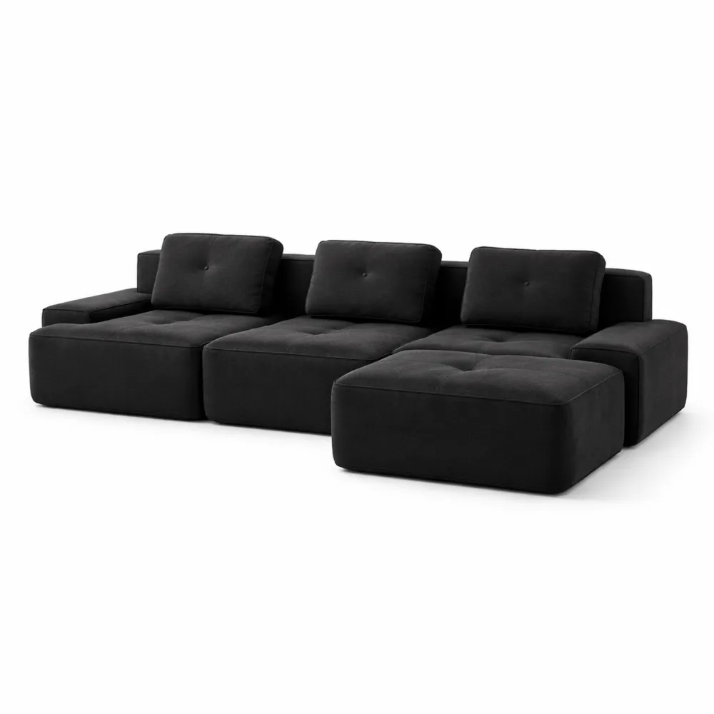 Canapé d'angle convertible 4 places en velours, modulable et confortable, noir