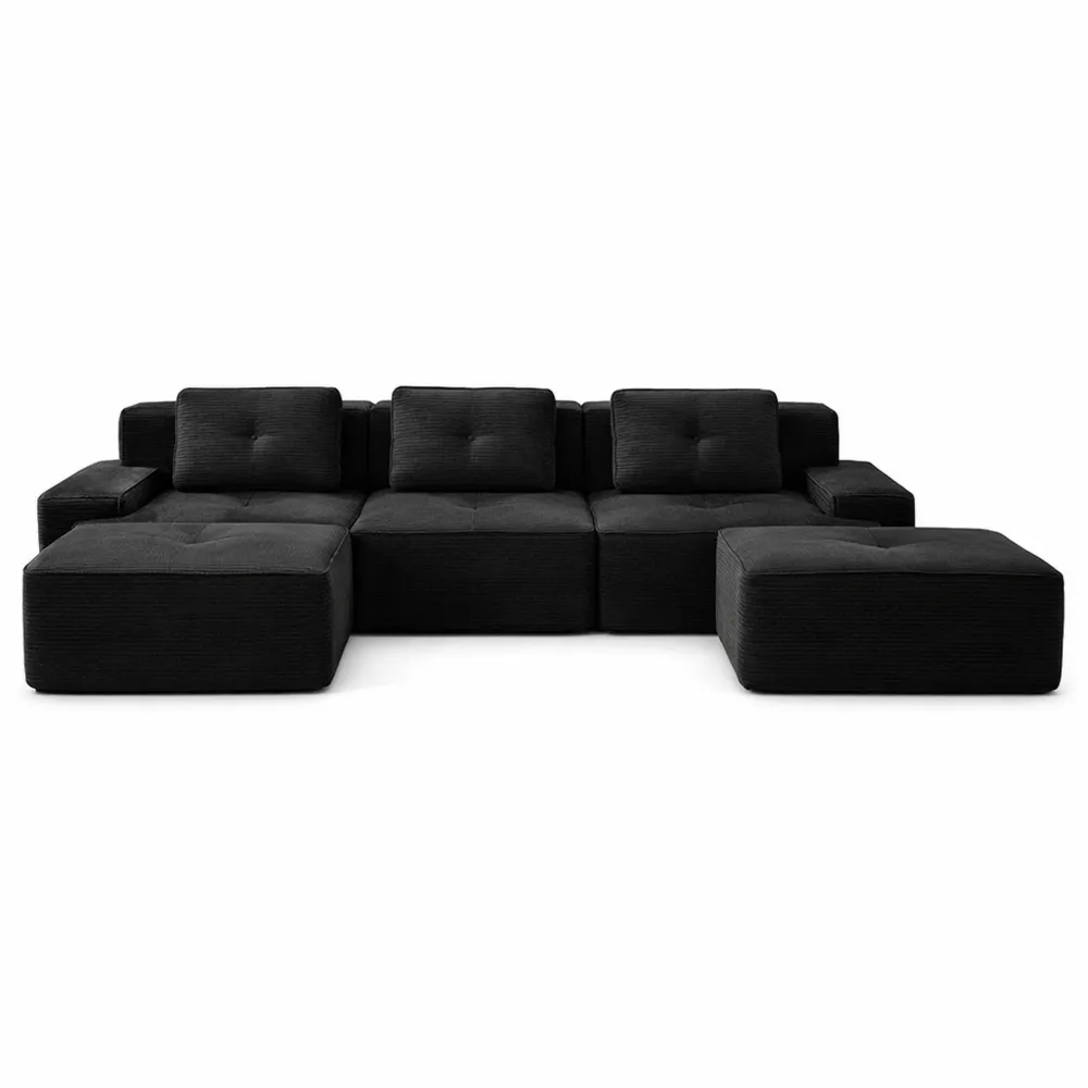 Grand canapé d'angle modulable 5 places, confort profond en velours côtelé noir