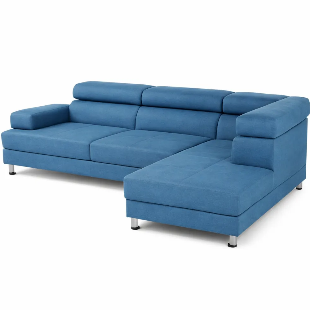 Canapé d'angle droit avec têtières réglables en tissu bleu