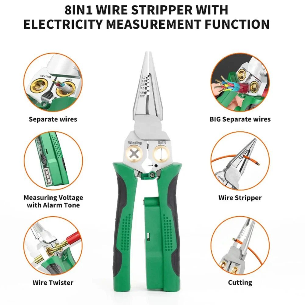 Outdoorfun 8 in 1 Wire Stripper Twister for Cutting and Pulling Wires Cable Scissors,Voltage Tester Pliers