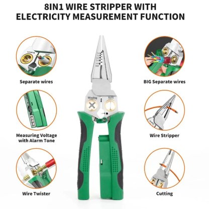 Outdoorfun 8 in 1 Wire Stripper Twister for Cutting and Pulling Wires Cable Scissors,Voltage Tester Pliers