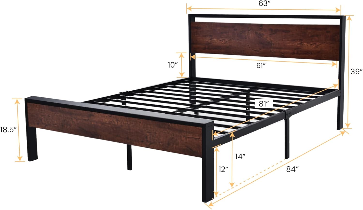 14 Inch Queen Size Metal Platform Bed Frame with Wooden Headboard and Footboard
