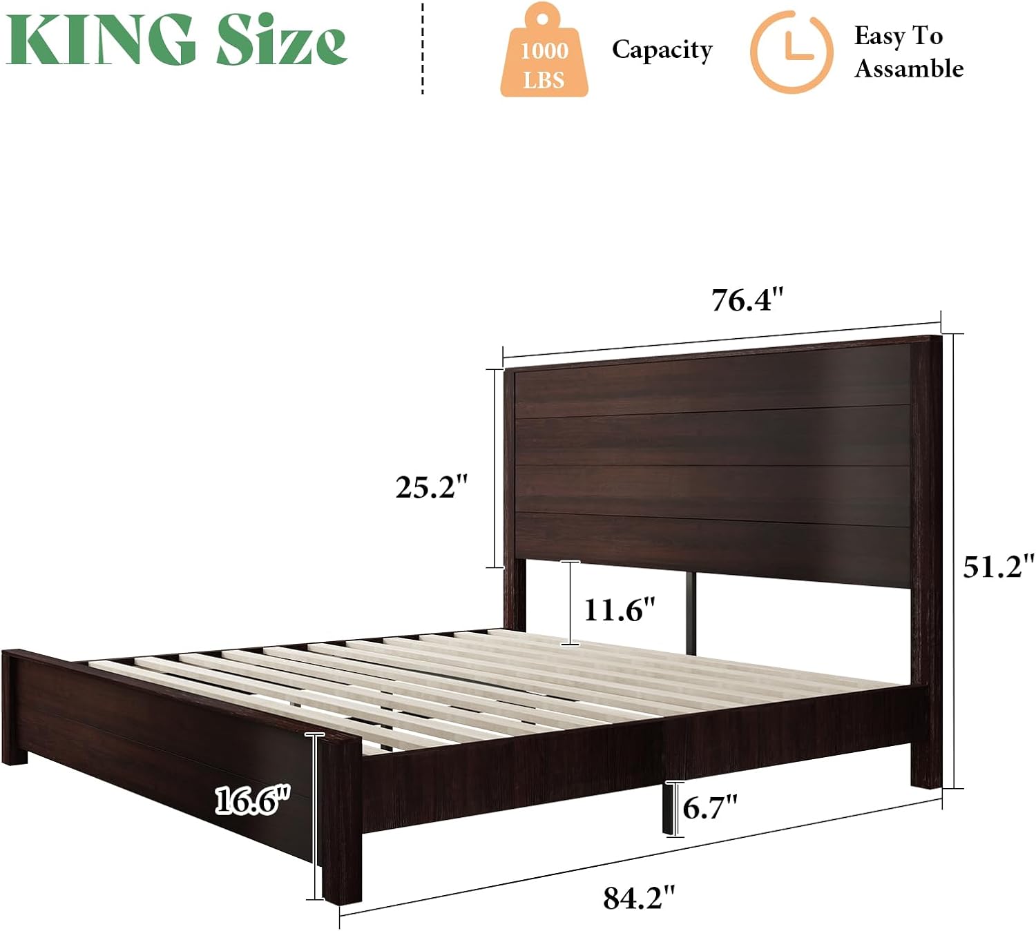 King Size Bed Frame with 51.2" Spliced Headboard