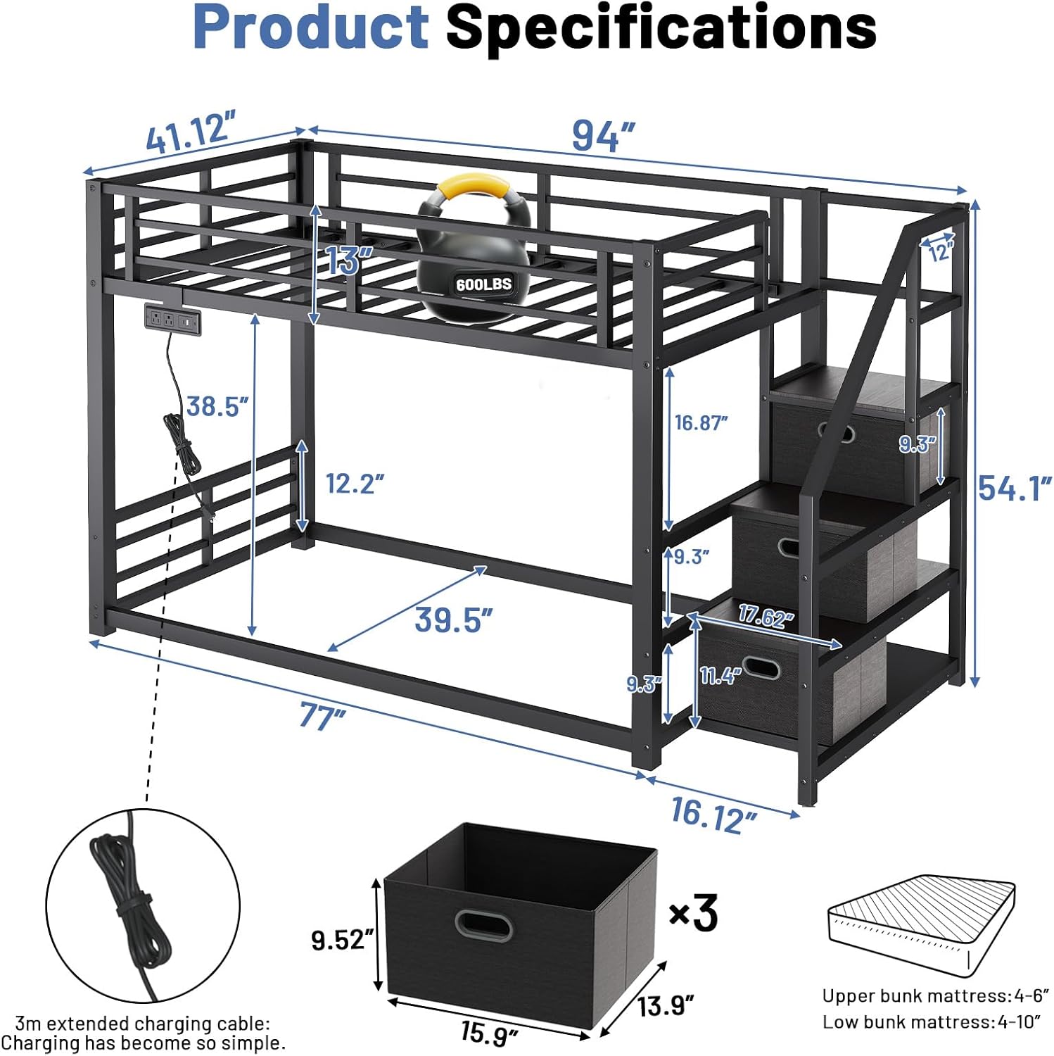 Twin Over Twin Metal Bunk Bed with Storage Stairs