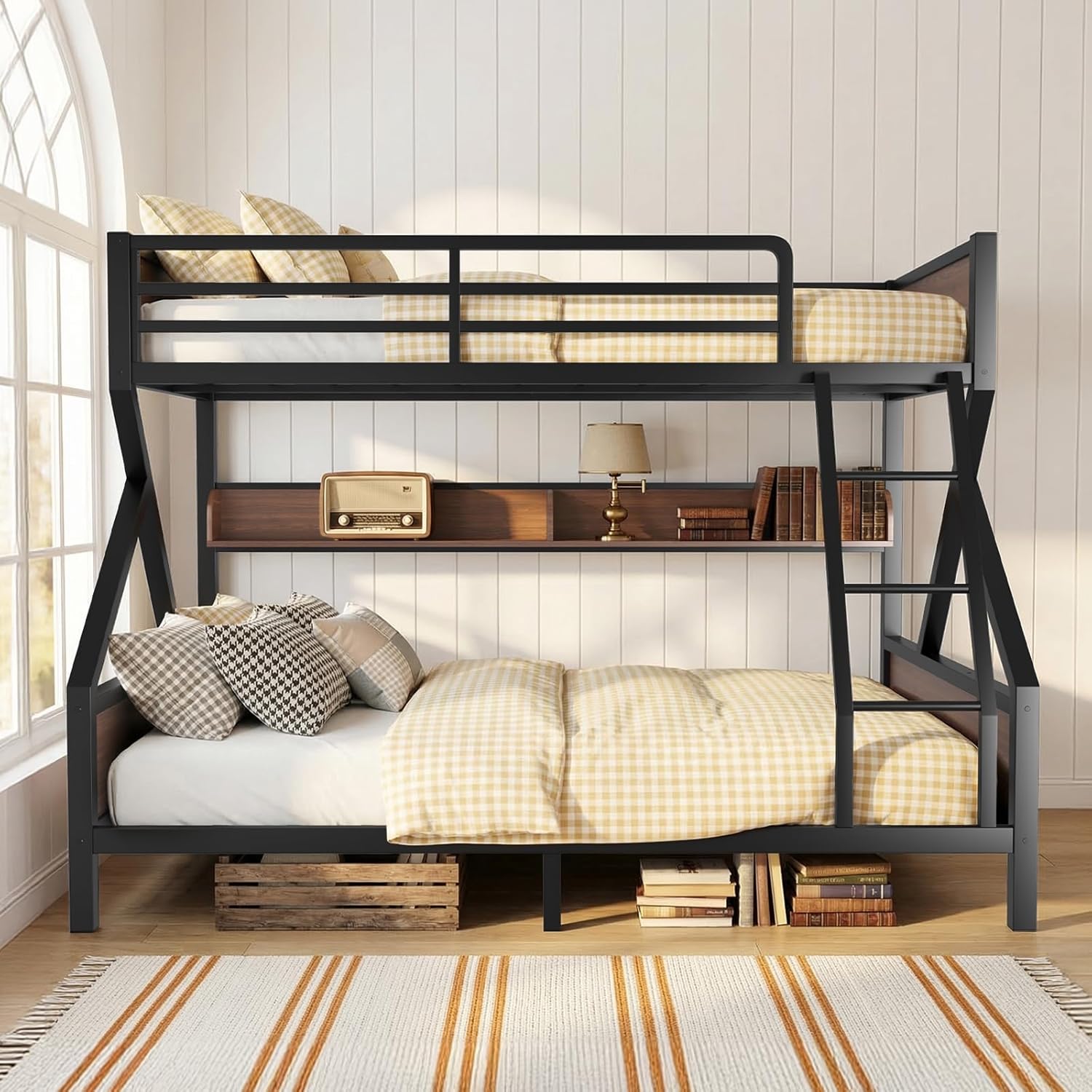Twin Over Full Bunk Bed with Storage Shelves