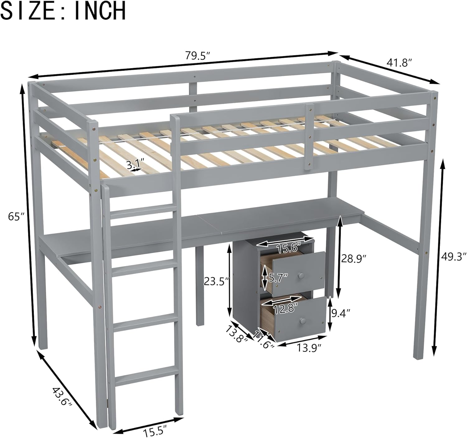 Wood Loft Bed Twin Size with Desk
