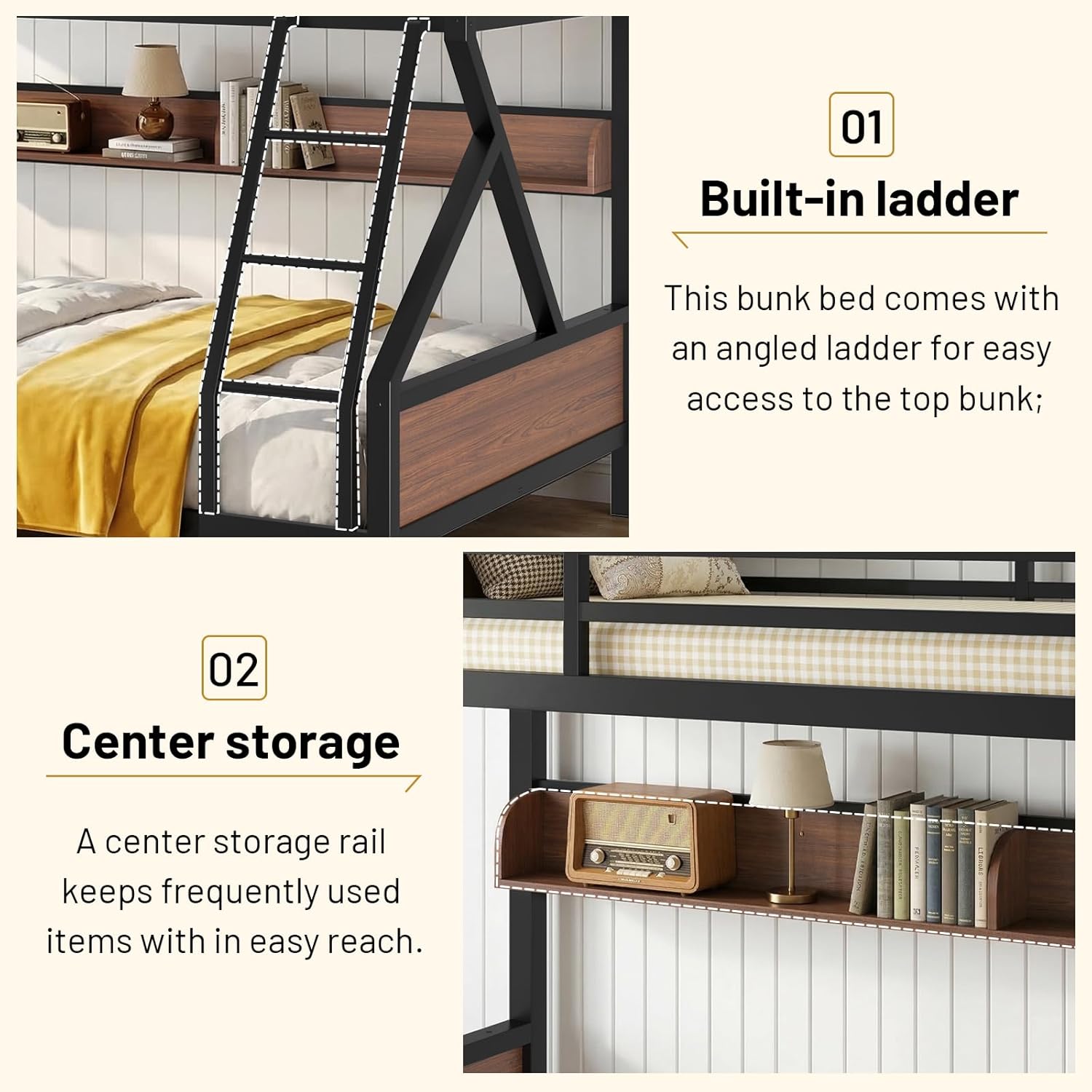 Twin Over Full Bunk Bed with Storage Shelves