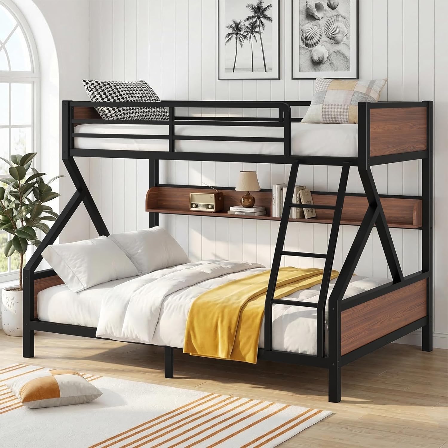 Twin Over Full Bunk Bed with Storage Shelves