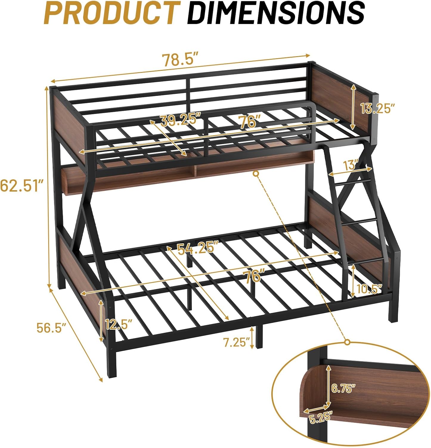 Twin Over Full Bunk Bed with Storage Shelves