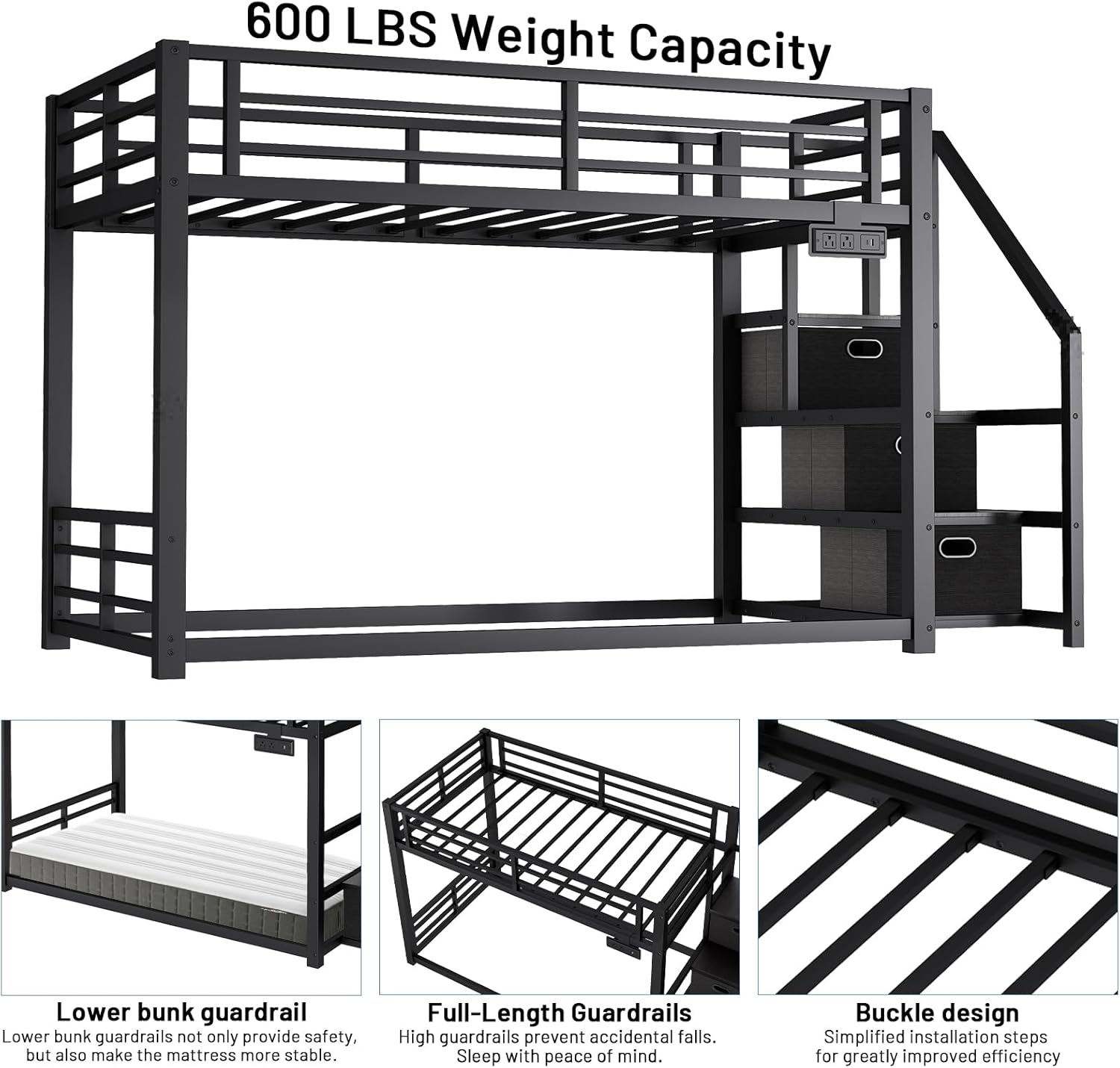 Twin Over Twin Metal Bunk Bed with Storage Stairs