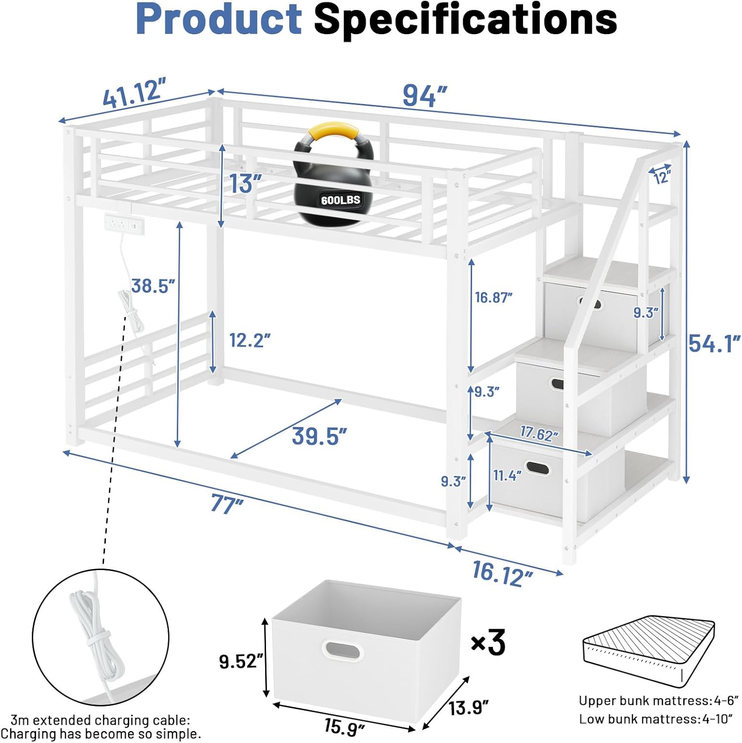 Twin Over Twin Metal Bunk Bed with Storage Stairs