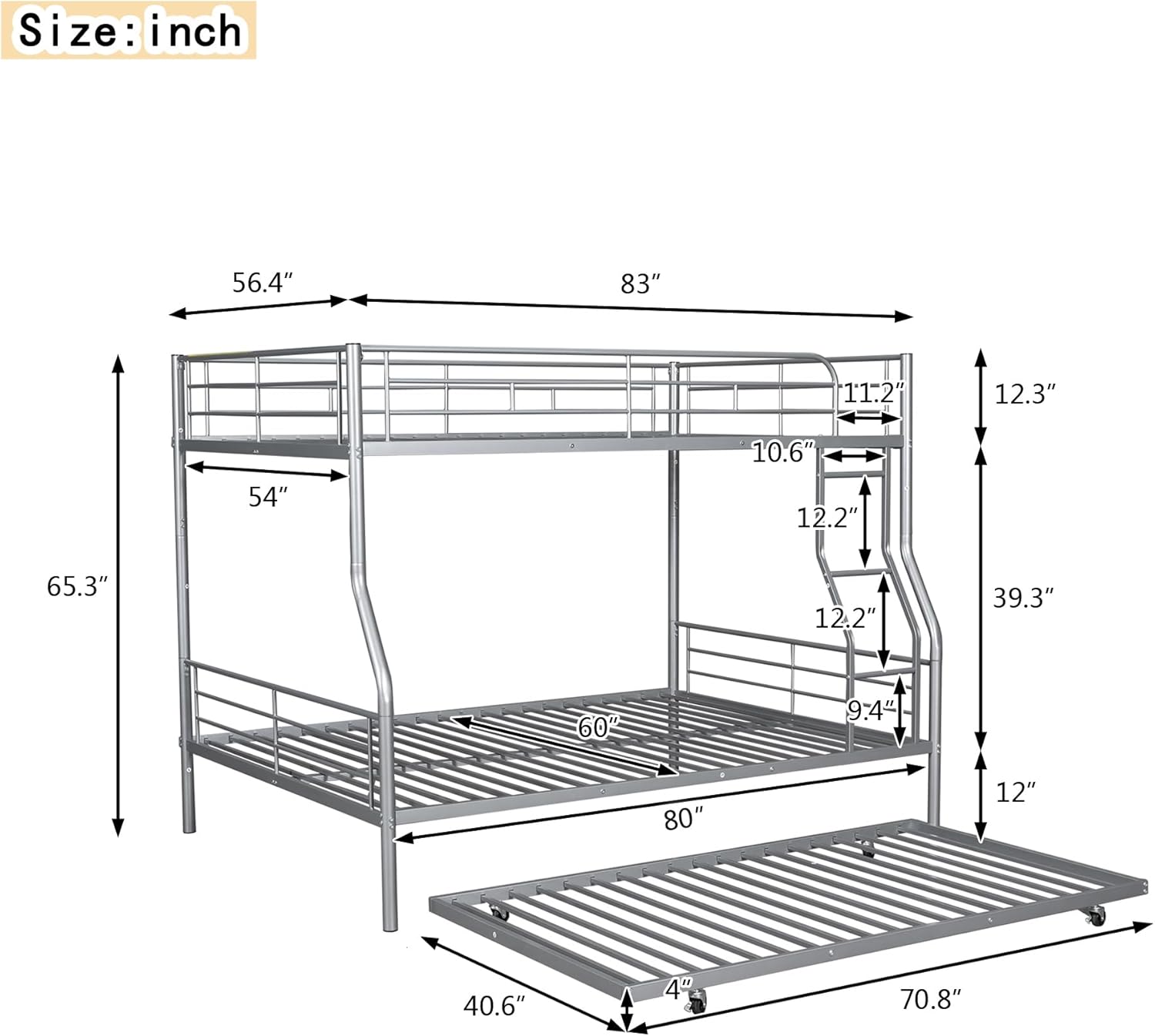 Full Over Full Metal Bunk Bed with Trundle for Kids Adults Teens