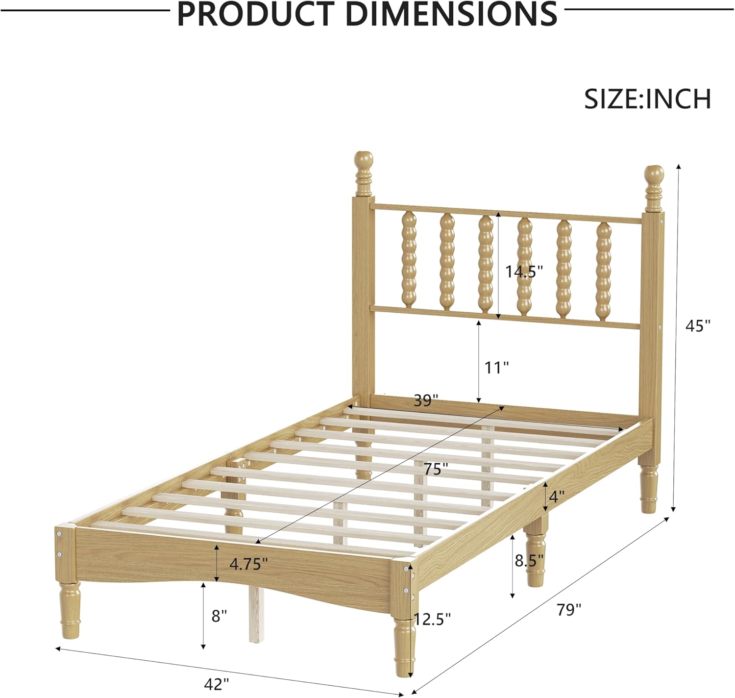 Twin Size Wood Platform Bed with Gourd Headboard