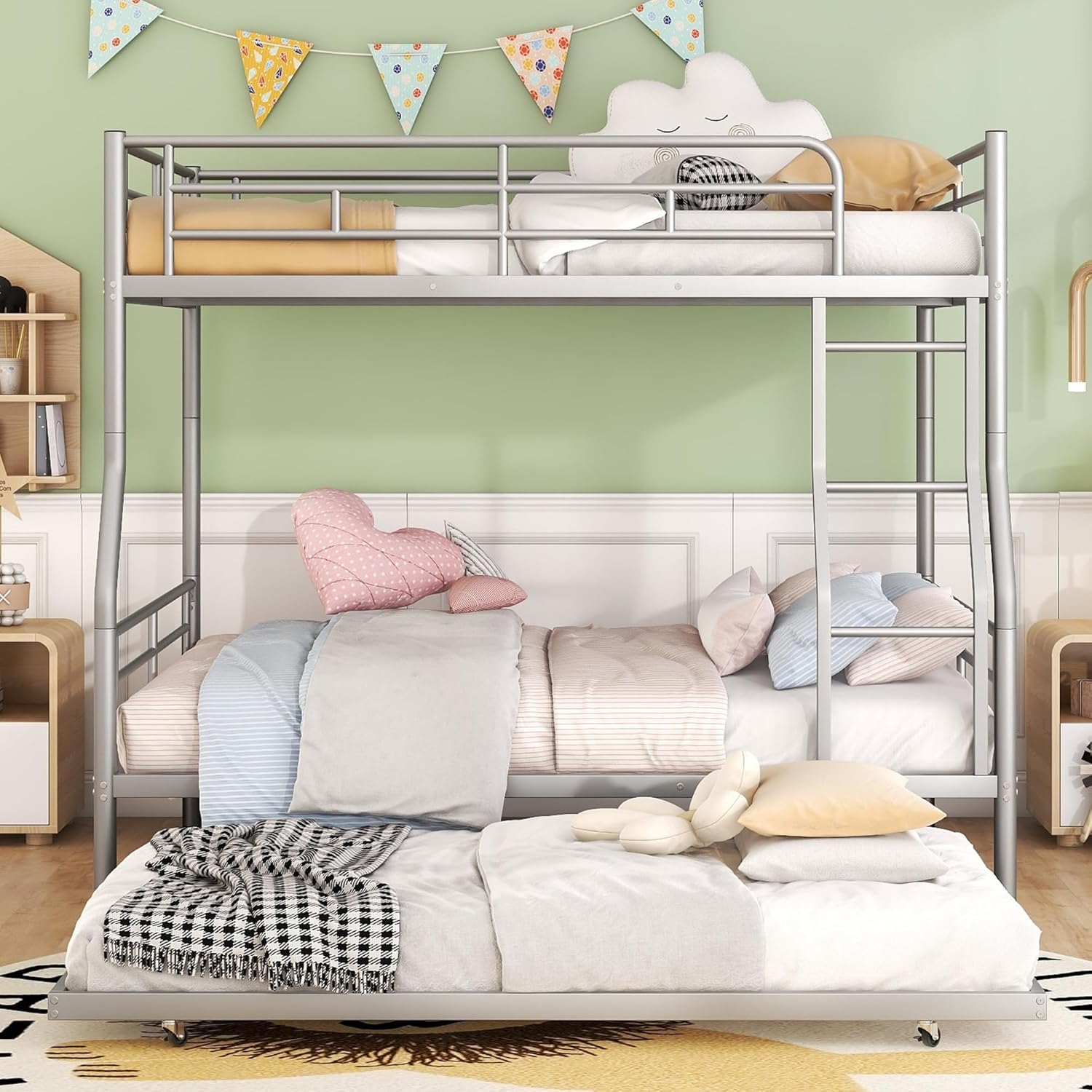 Full Over Full Metal Bunk Bed with Trundle for Kids Adults Teens