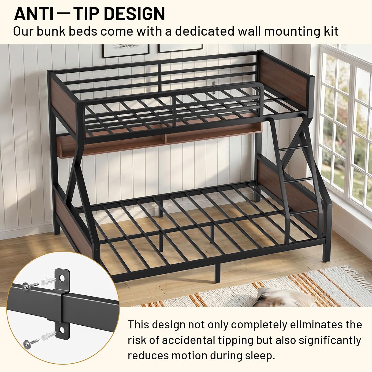 Twin Over Full Bunk Bed with Storage Shelves