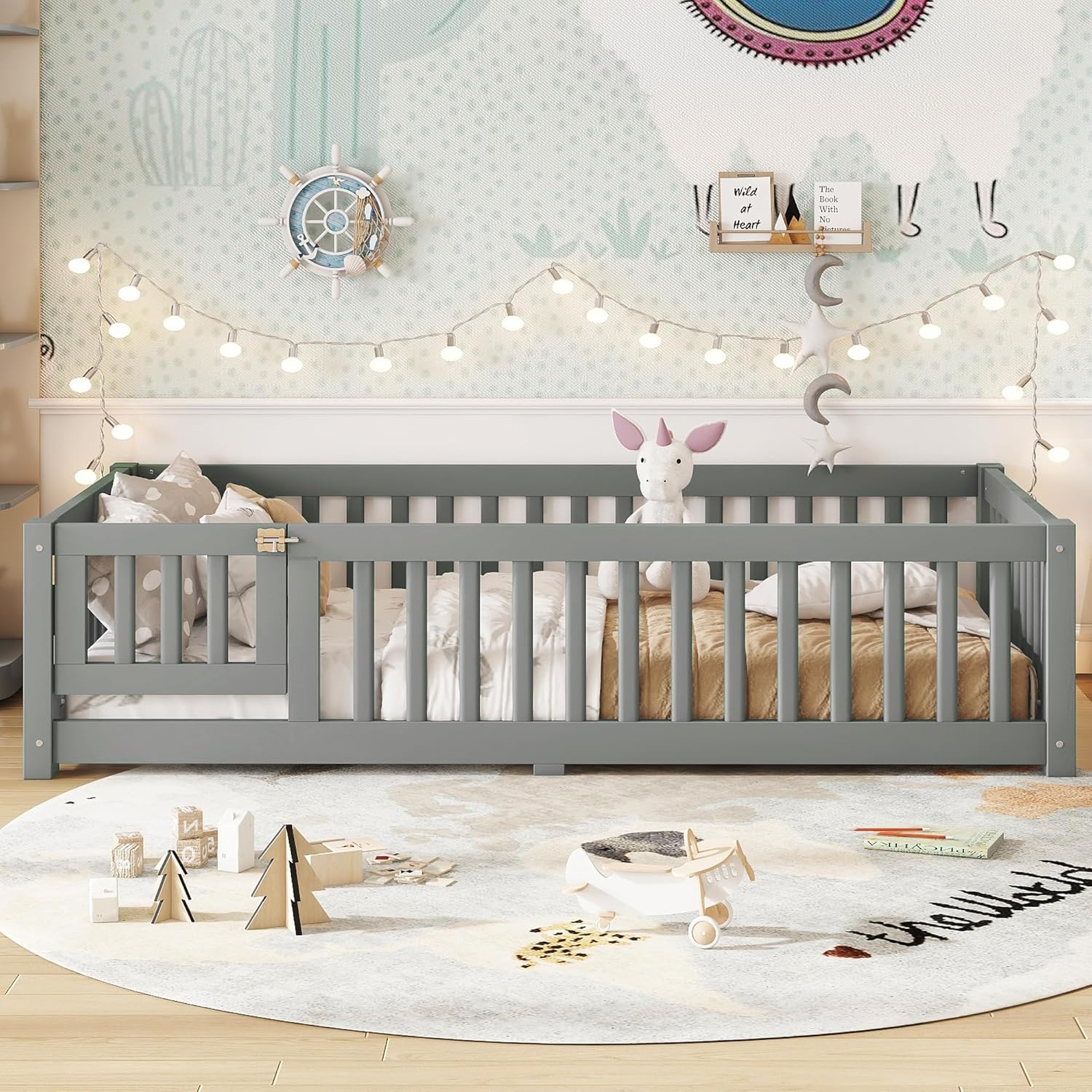 Twin Size Floor Bed with Door and Fence for Kids