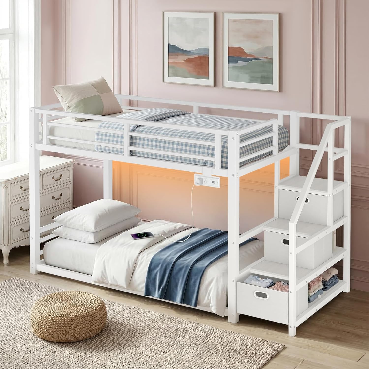 Twin Over Twin Metal Bunk Bed with Storage Stairs