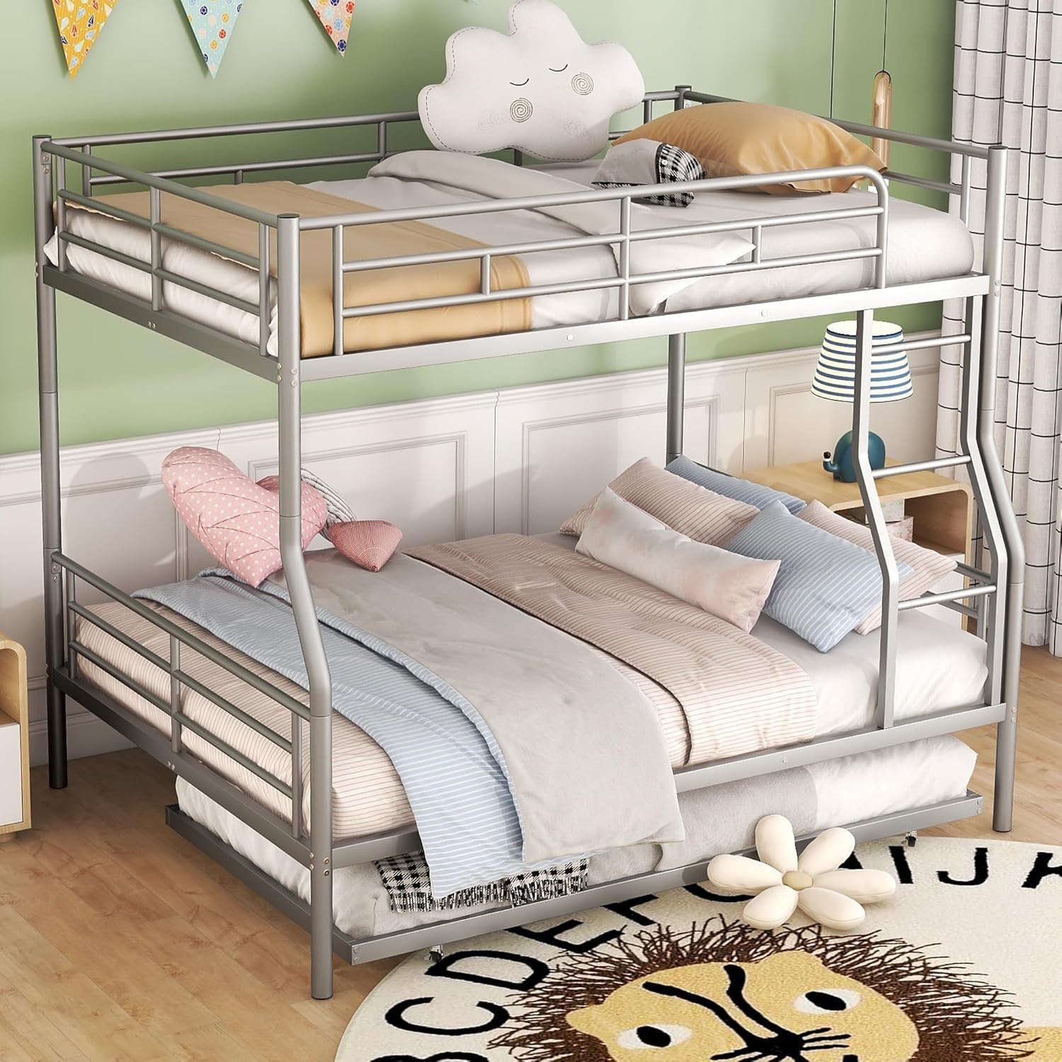 Full Over Full Metal Bunk Bed with Trundle for Kids Adults Teens