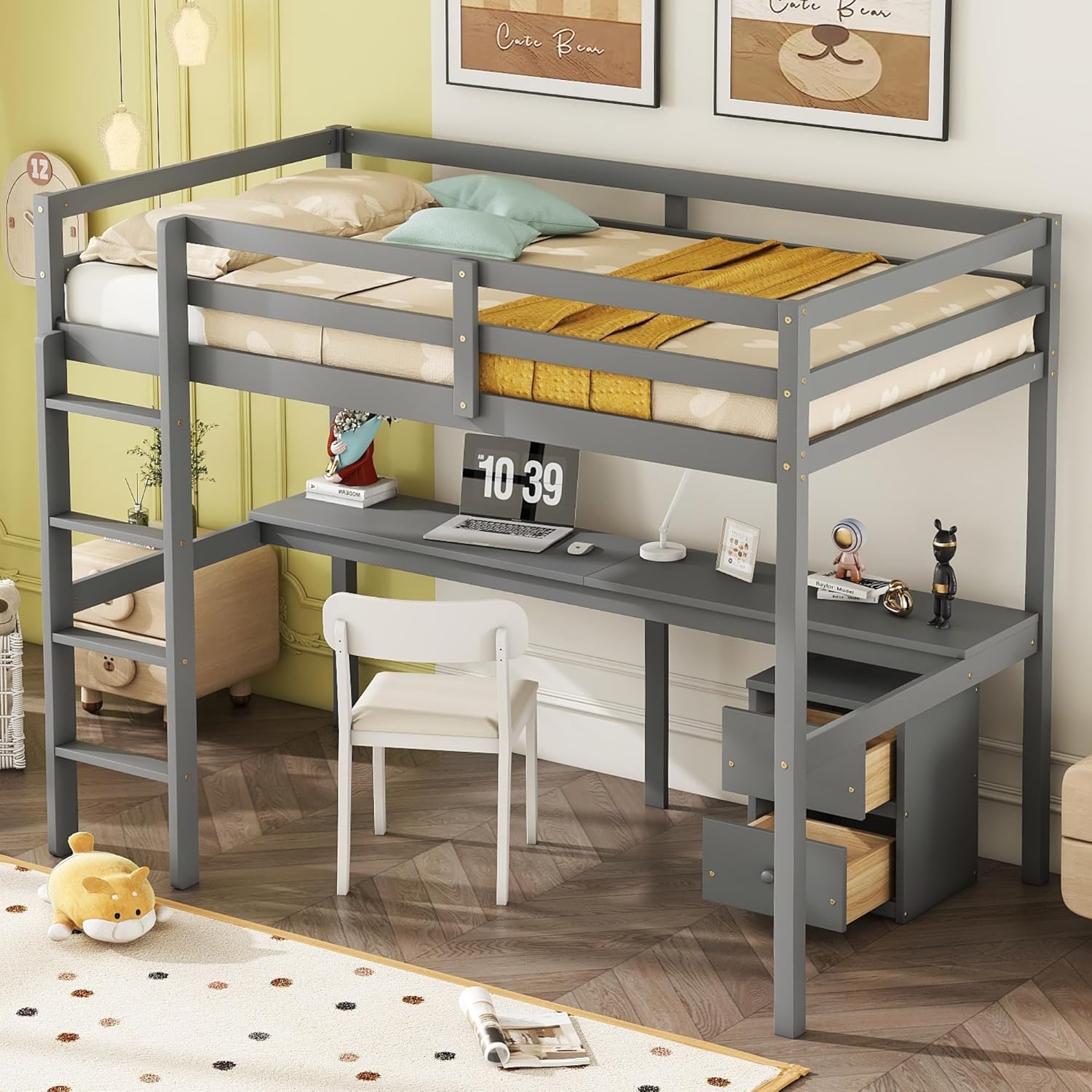 Wood Loft Bed Twin Size with Desk