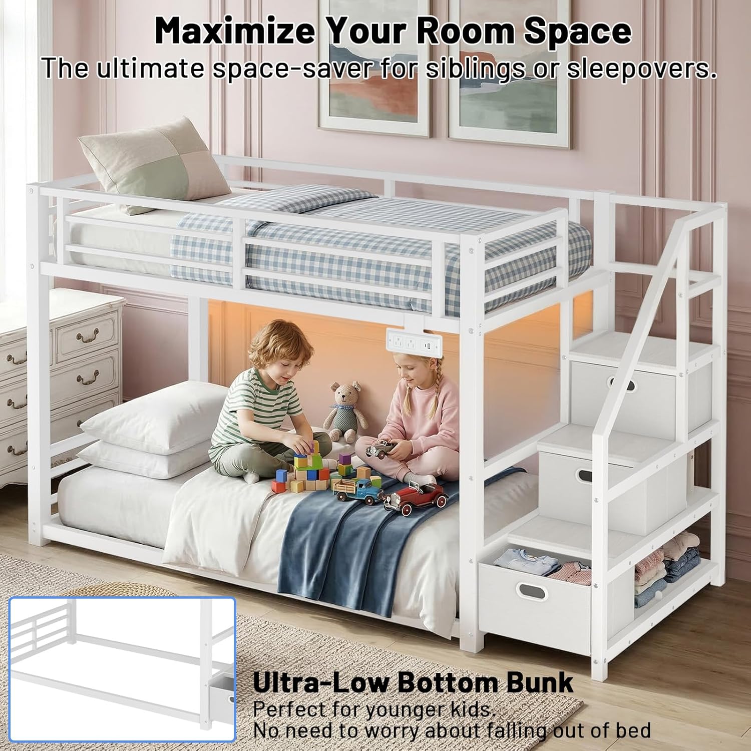 Twin Over Twin Metal Bunk Bed with Storage Stairs