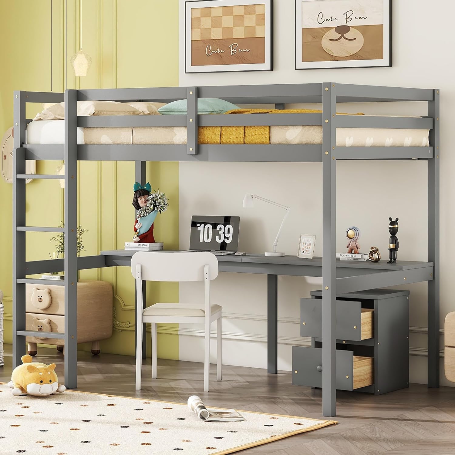 Wood Loft Bed Twin Size with Desk