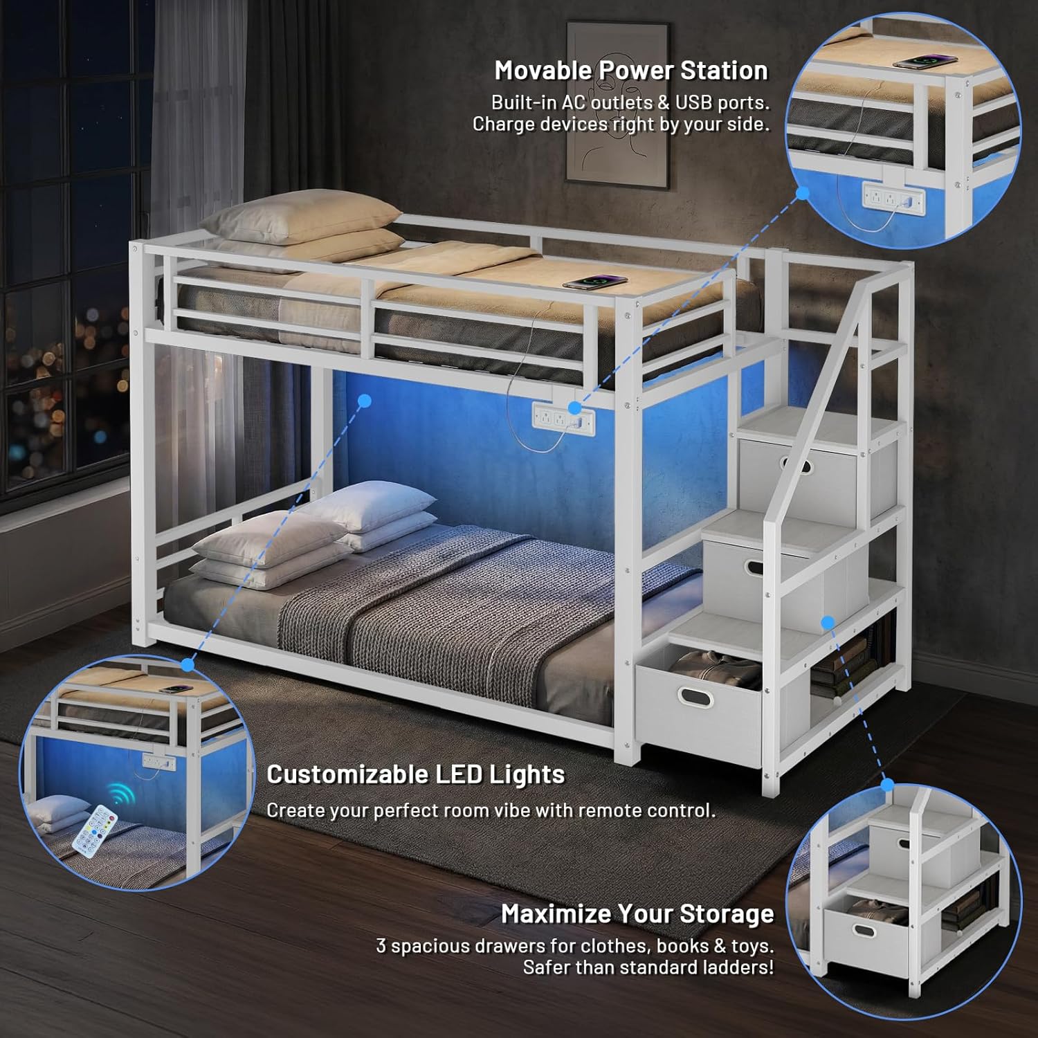 Twin Over Twin Metal Bunk Bed with Storage Stairs