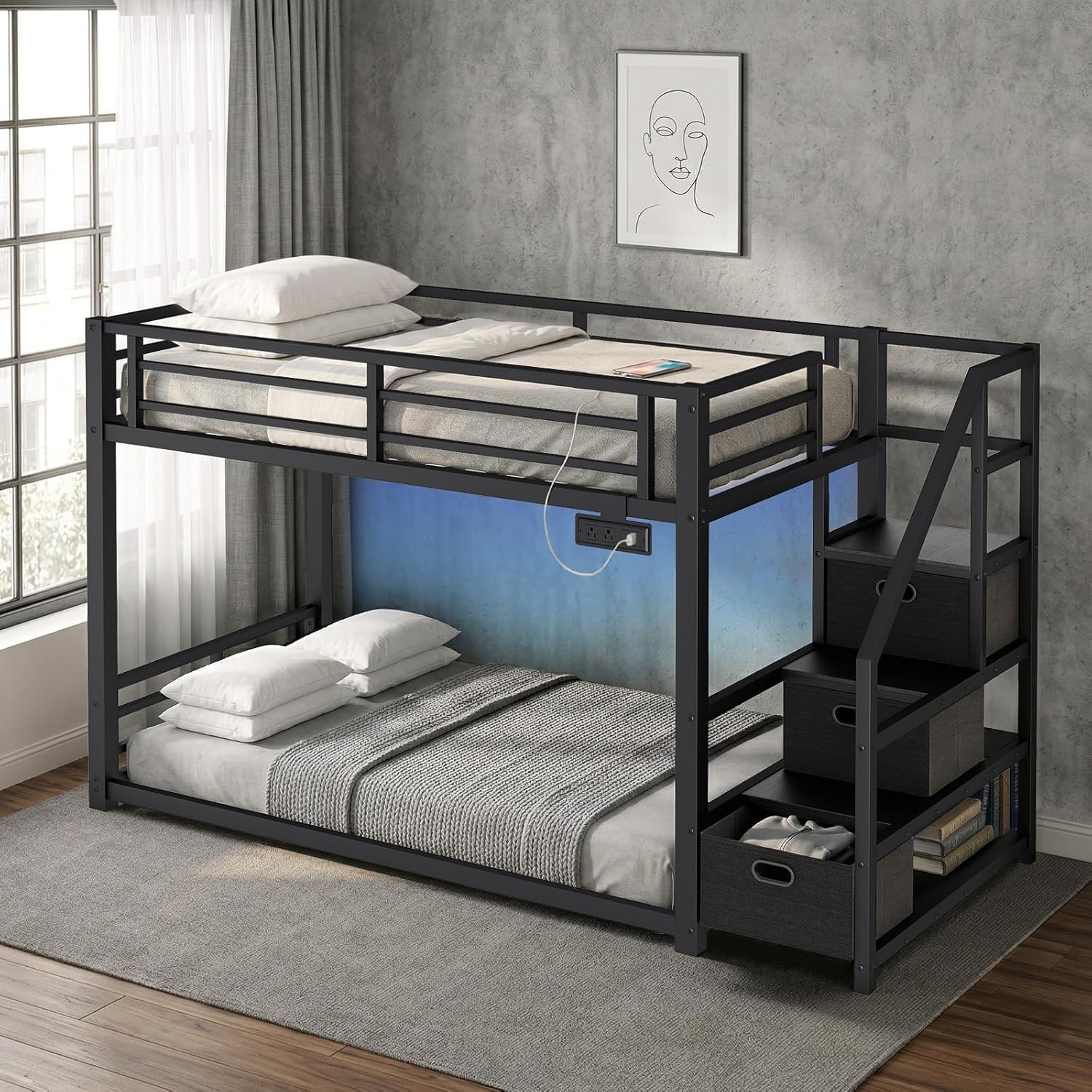 Twin Over Twin Metal Bunk Bed with Storage Stairs