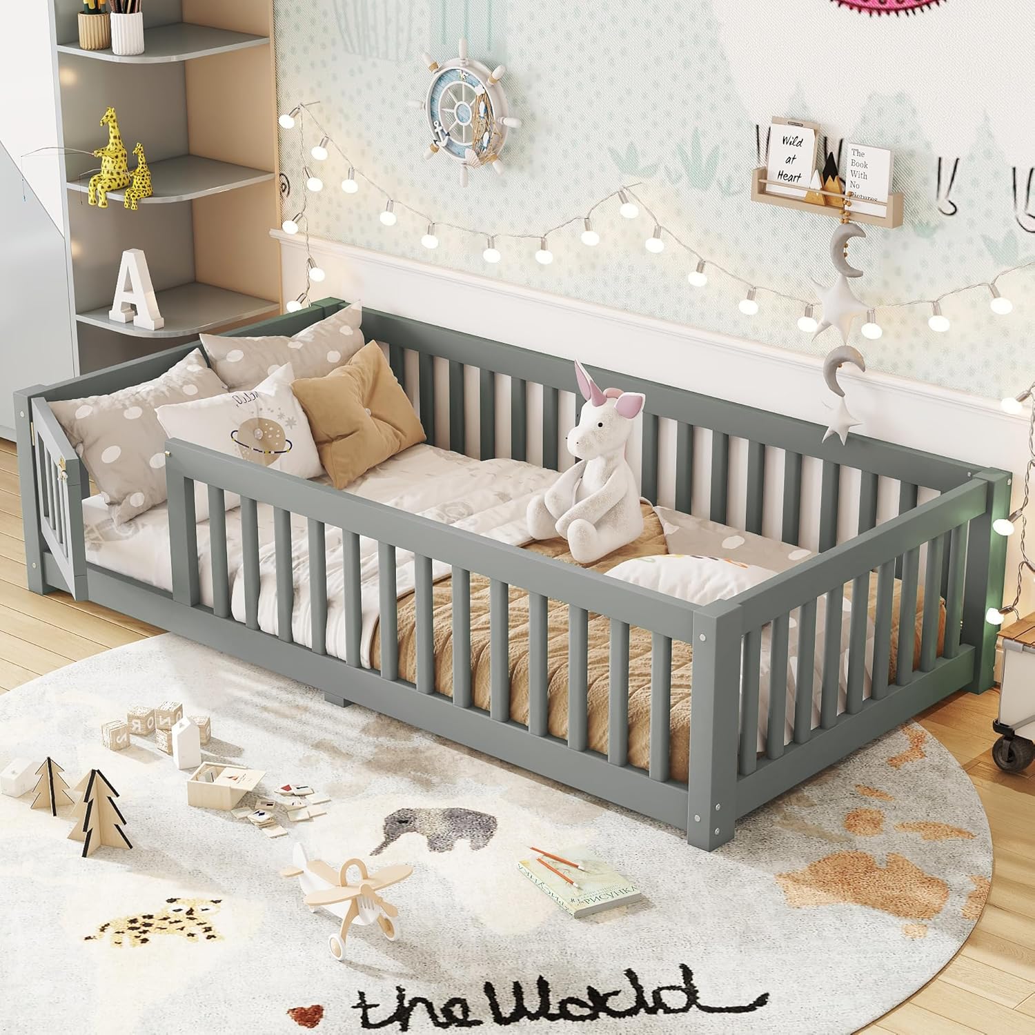 Twin Size Floor Bed with Door and Fence for Kids