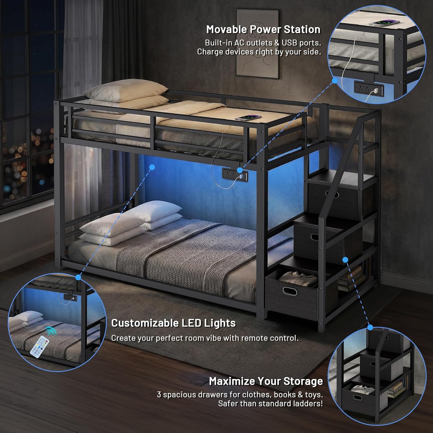 Twin Over Twin Metal Bunk Bed with Storage Stairs