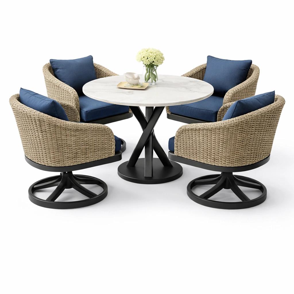 Runder Gartentisch mit Rattan Stuehlen- luxverano