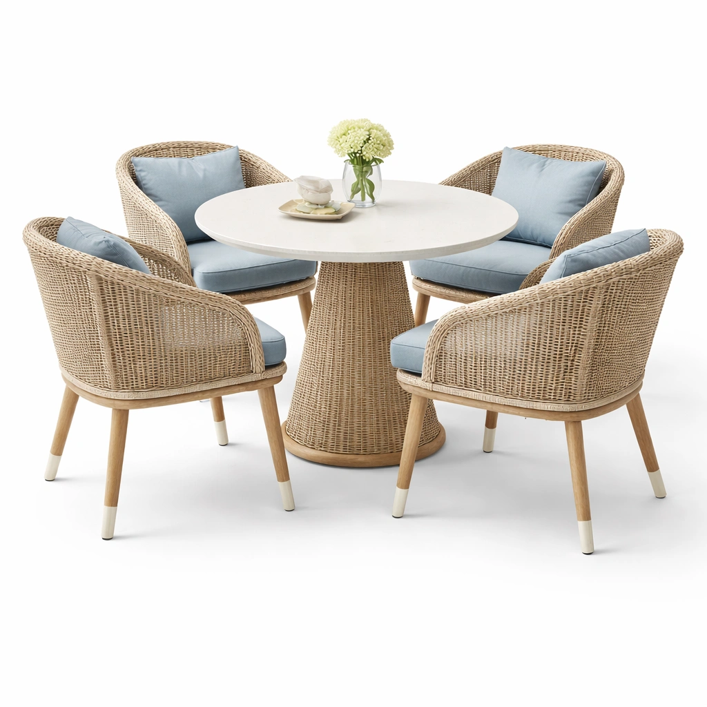 Runder Esstisch mit Rattan Design Hell- luxverano