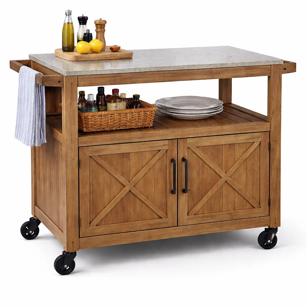 Kuechenwagen Holz mit Arbeitsplatte und Rollen- luxverano