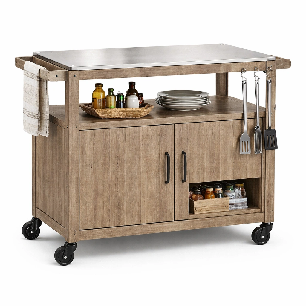 Kuechenwagen Holz mit Edelstahlplatte und Hakenleiste- luxverano