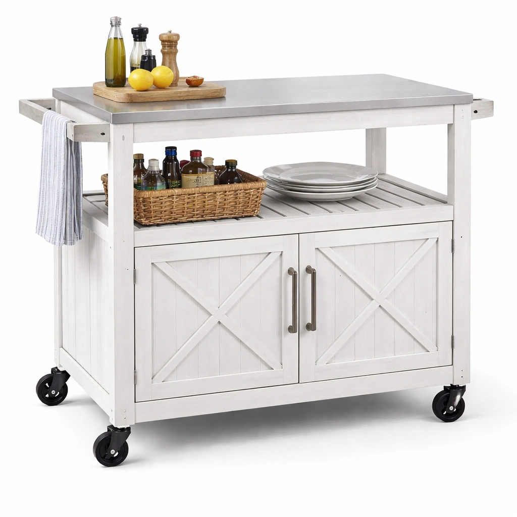 Kuechenwagen Weiss mit Edelstahlplatte und Rollen- luxverano