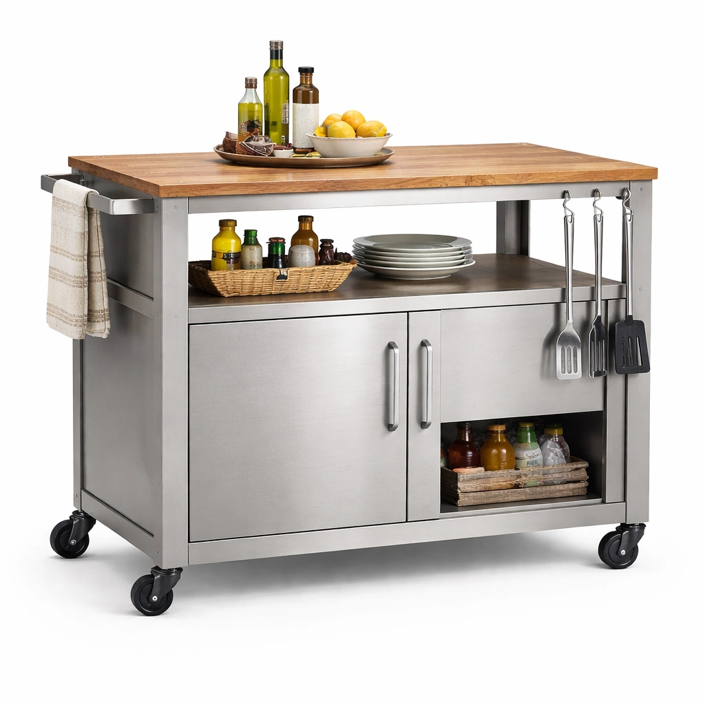 Kuechenwagen Edelstahl mit Holzplatte und Stauraum- luxverano