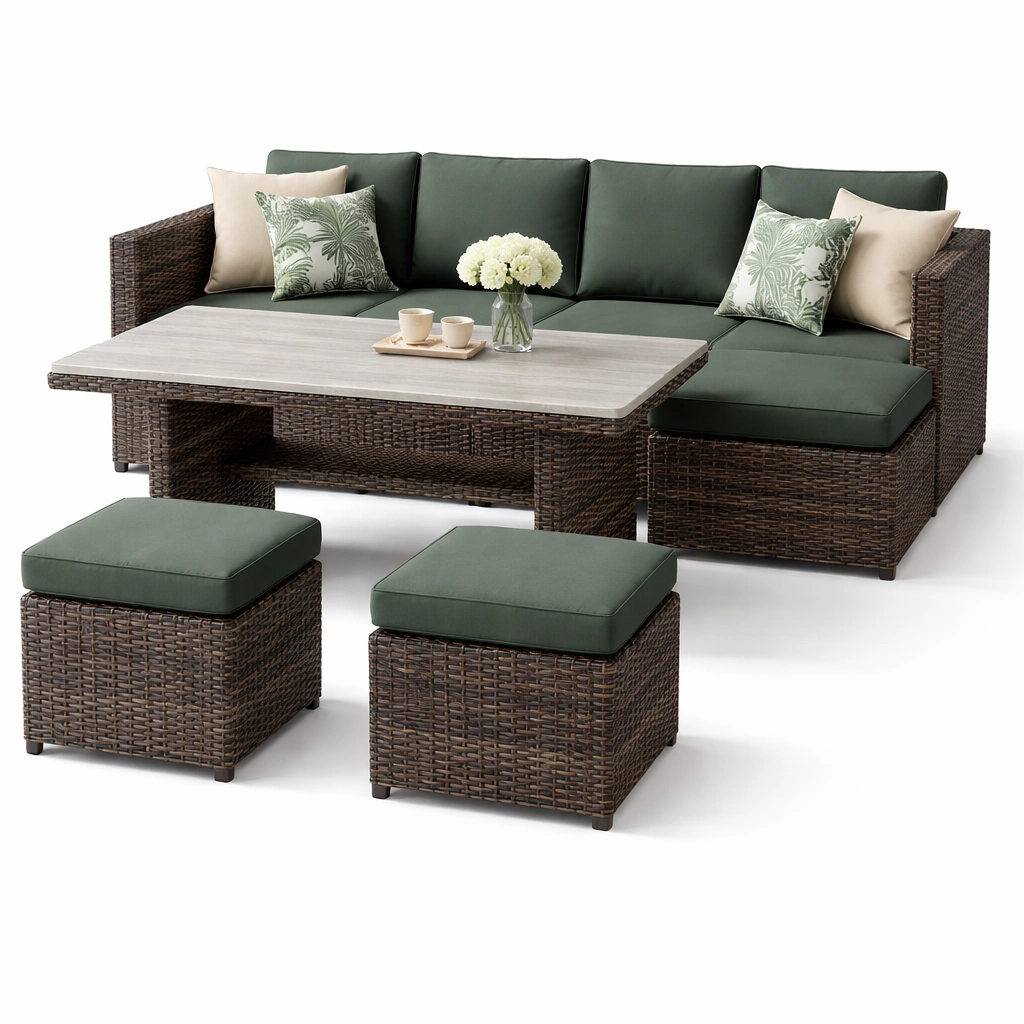 Garten Lounge Set Rattan mit Tisch und Hockern- luxverano