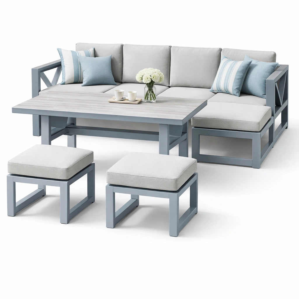 Garten Lounge Set Grau mit Tisch und Hockern- luxverano