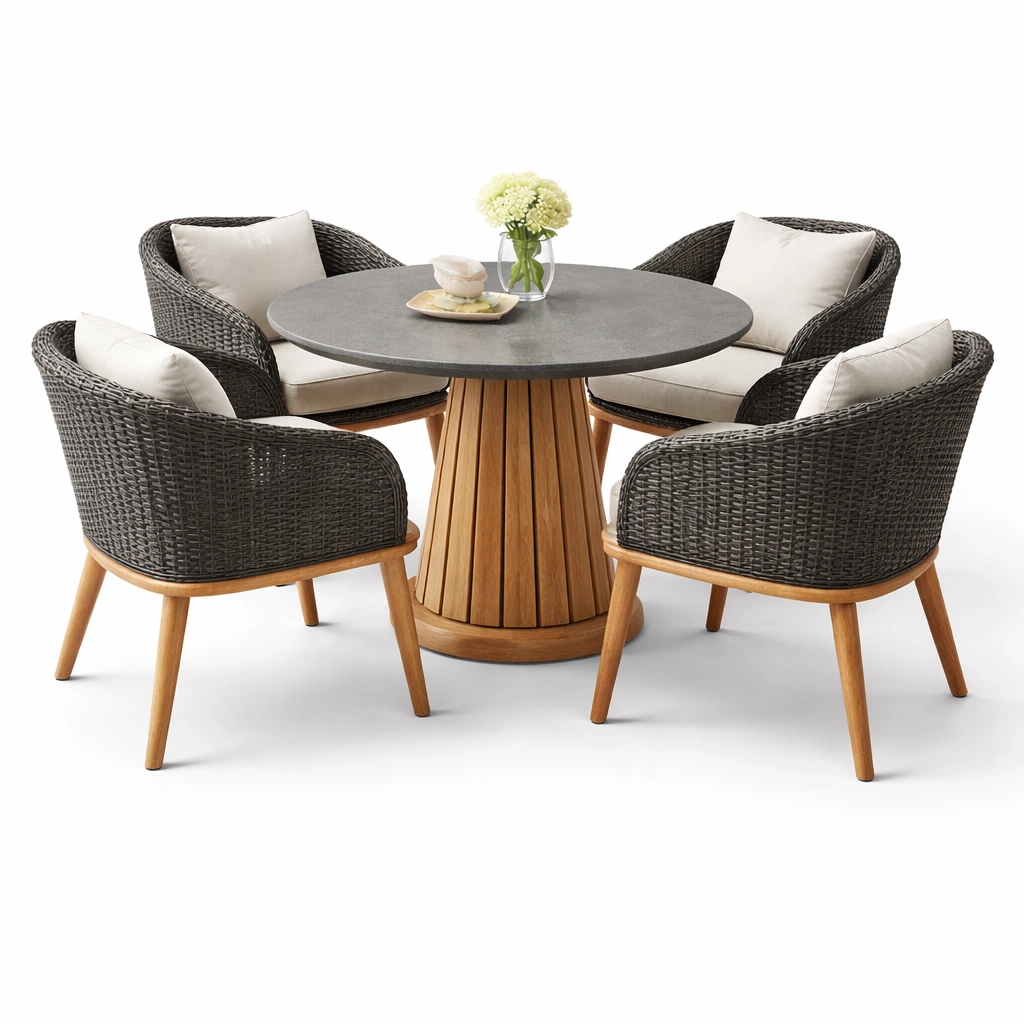 Essgruppe Rund Rattan Grau-velmavio