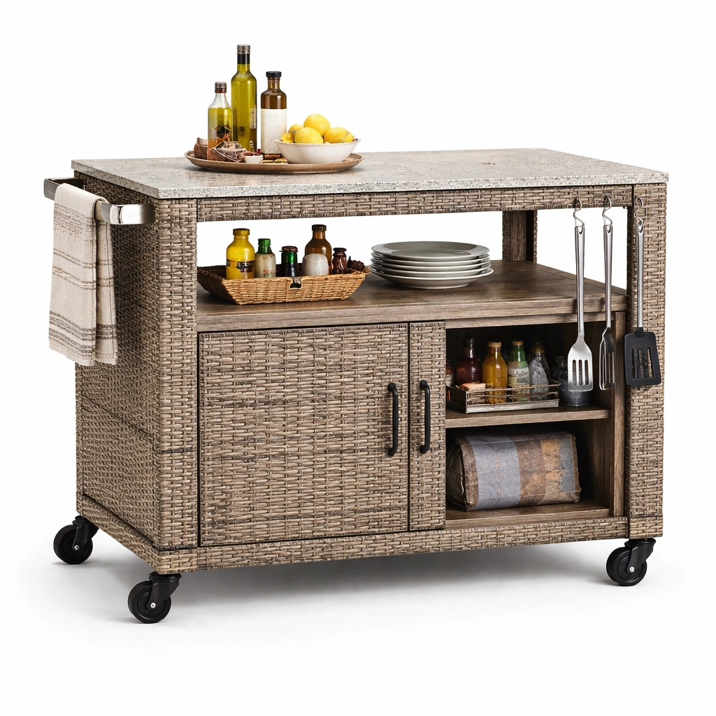 Kuecheninsel Rattanoptik Grau Arbeitsplatte Steinoptik-velmavio