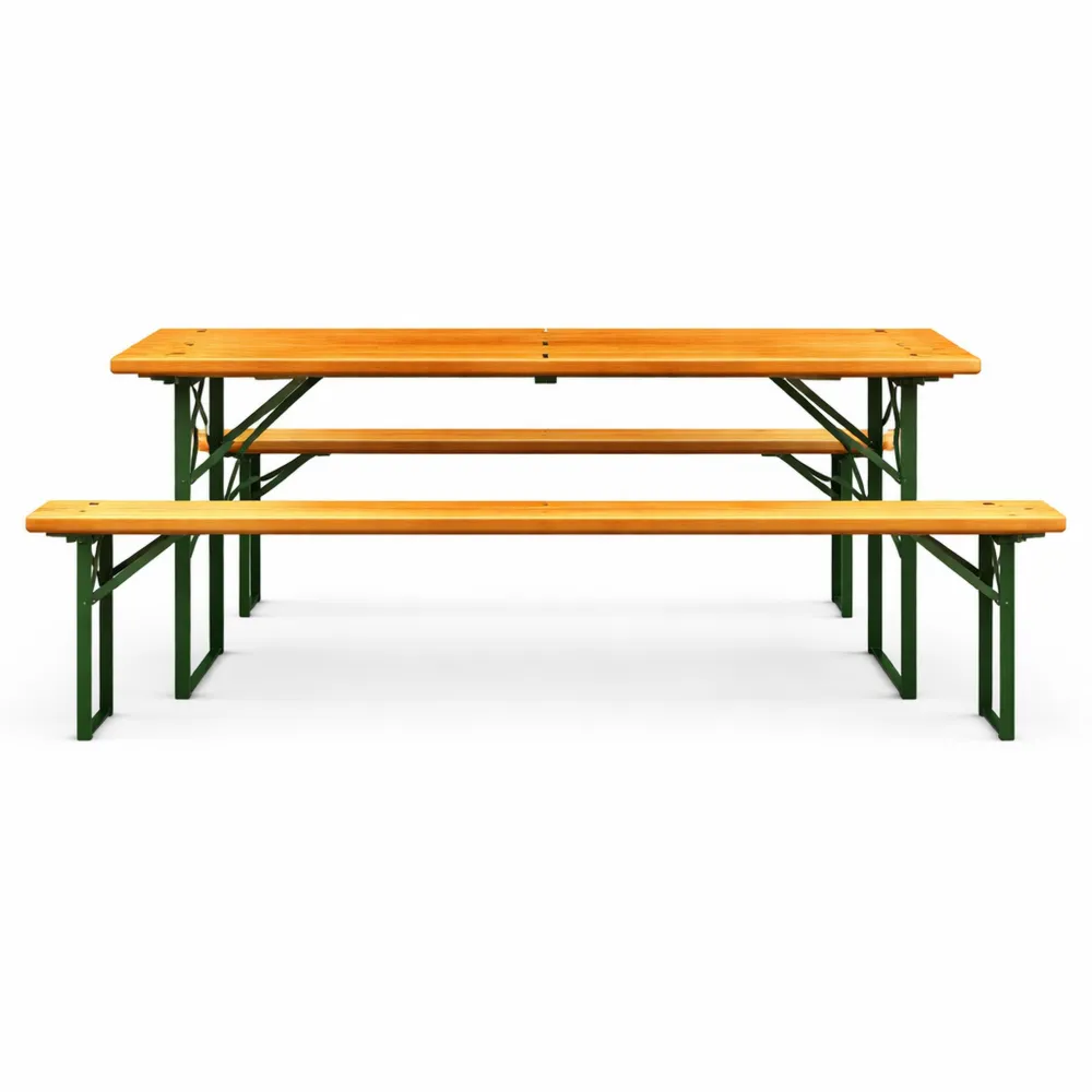 Table pliante avec bancs pour jardin, 10 personnes, bois 220 cm