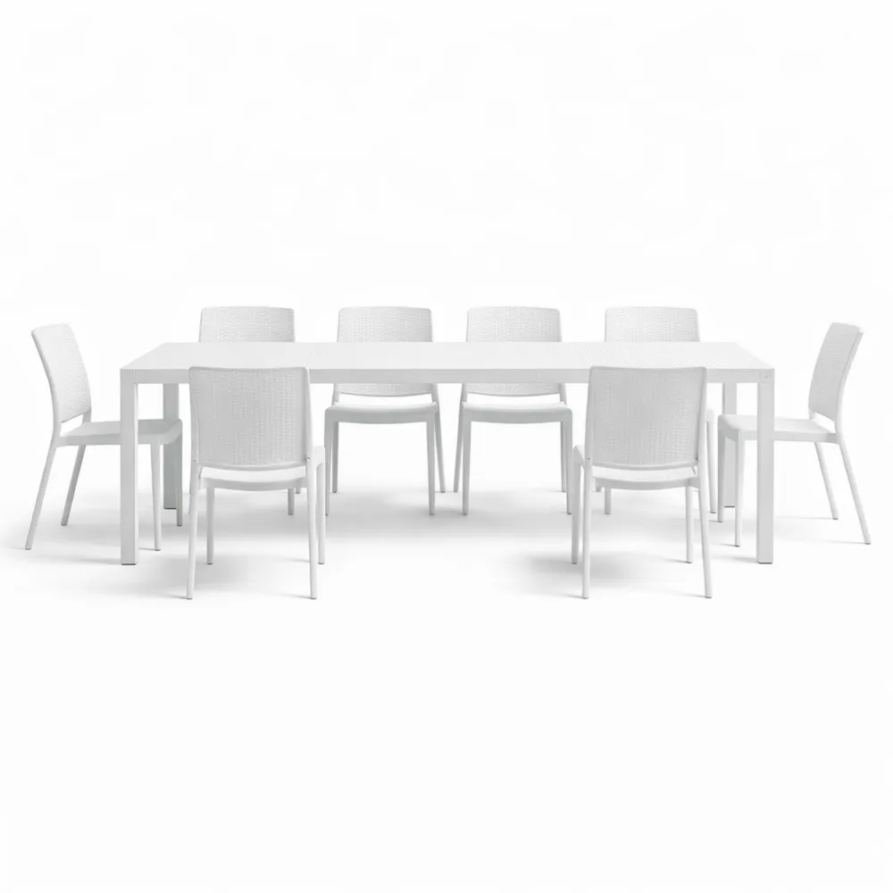 Ensemble de jardin avec table extensible et 4 chaises en rotin blanc