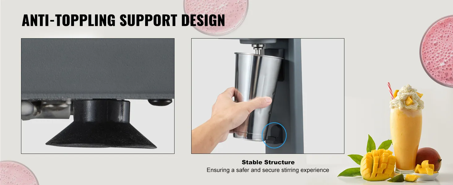 VEVOR milkshake maker with anti-toppling support design showcasing stable structure and delicious milkshake.