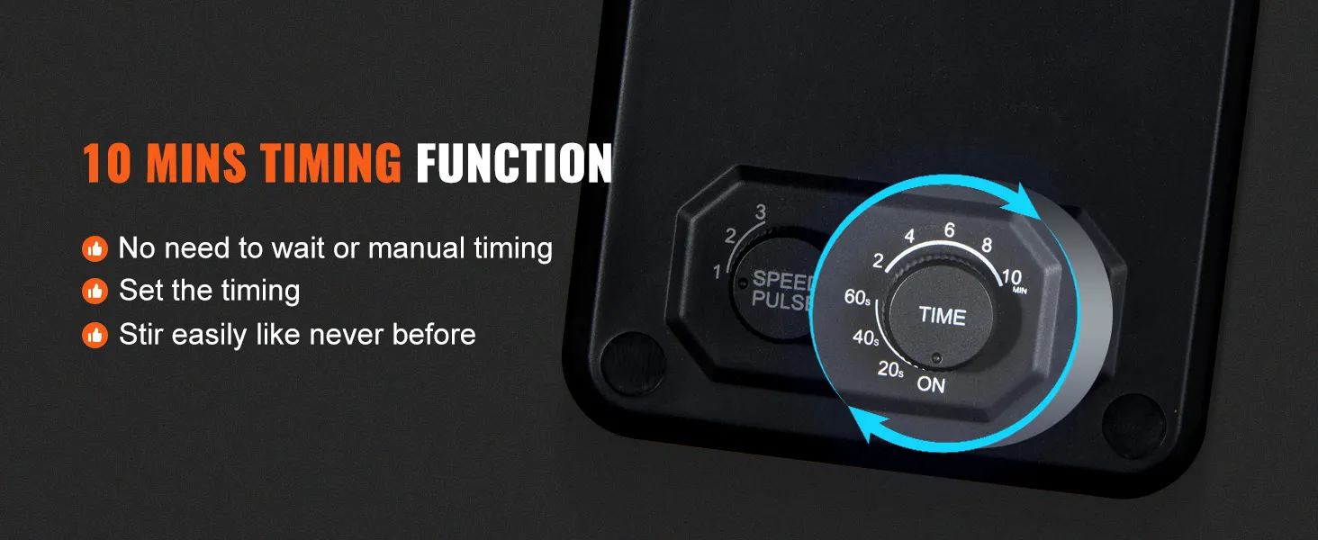 10 mins timing function on VEVOR milkshake maker with adjustable timer and speed pulse settings.