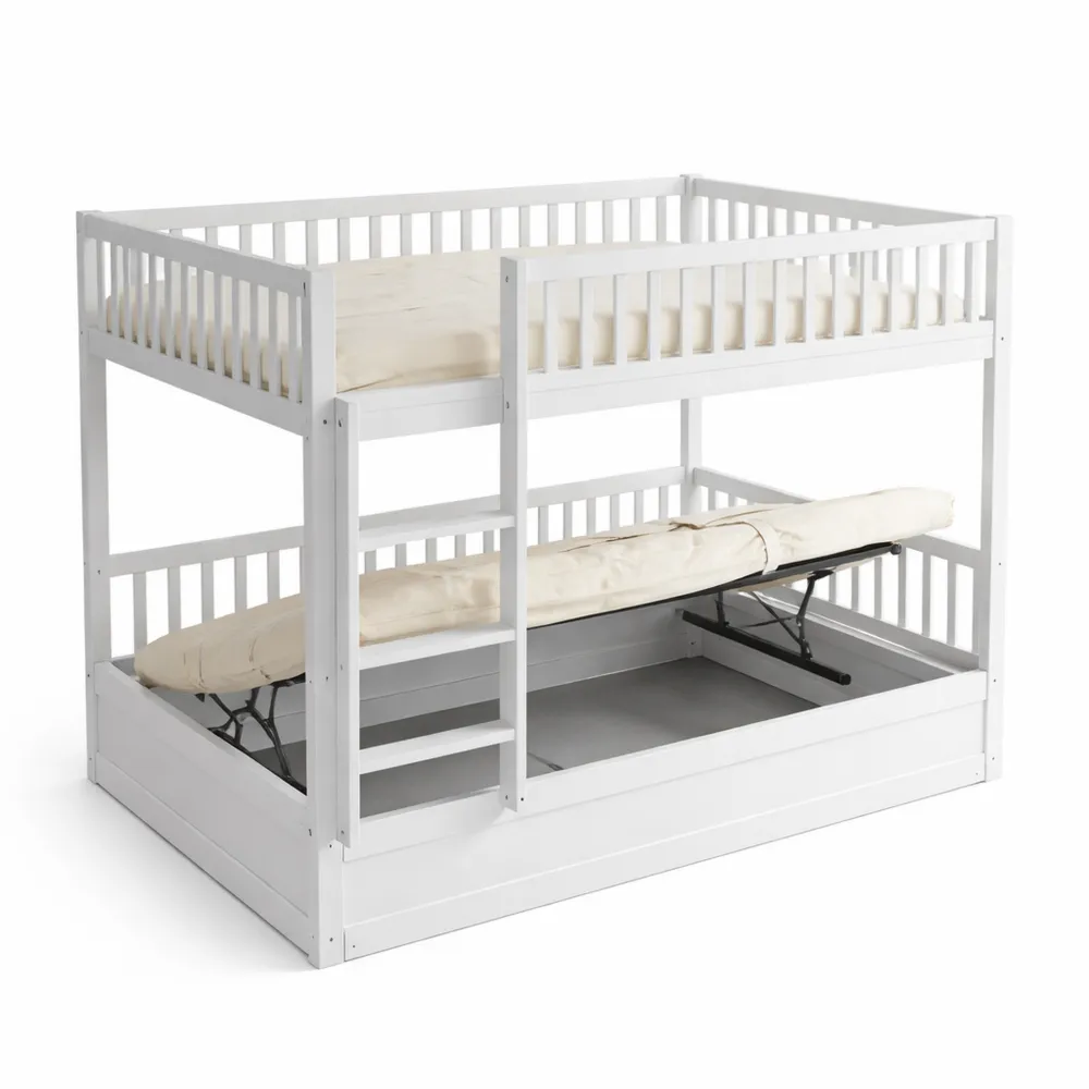 Letto a castello in legno massiccio con sistema idraulico, robusto e durevole per bambini, 90x200 cm, bianco