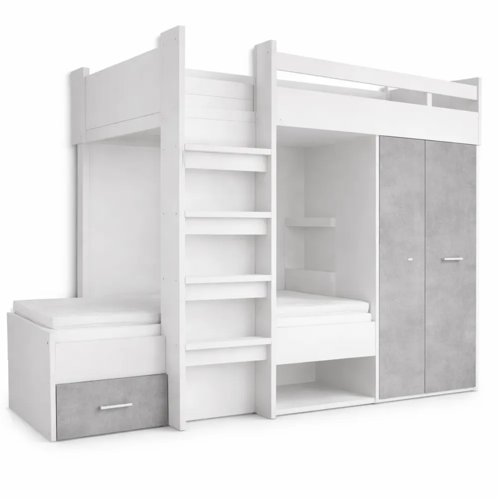Letto a castello con armadio integrato e superfici 90 x 200 cm, salvaspazio in cemento bianco