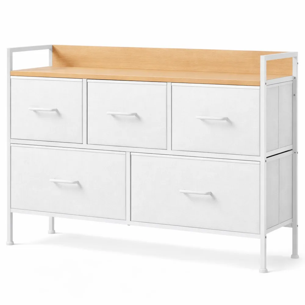 Cassettiera a 5 cassetti in tessuto con maniglie, per soggiorno e corridoio, struttura in acciaio, bianco nuvola e rovere beige