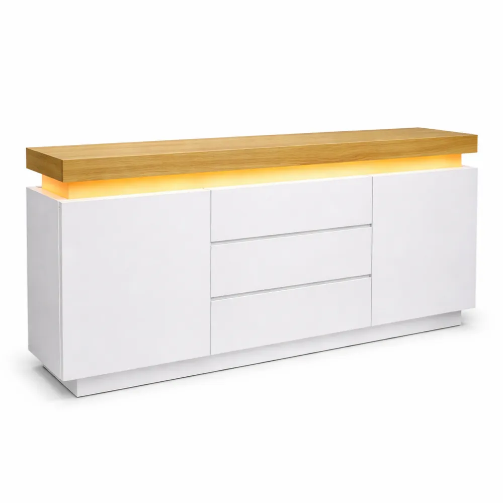 Credenza lucida con LED e controllo app, 2 ante e 3 cassetti, bianco per soggiorno e camera