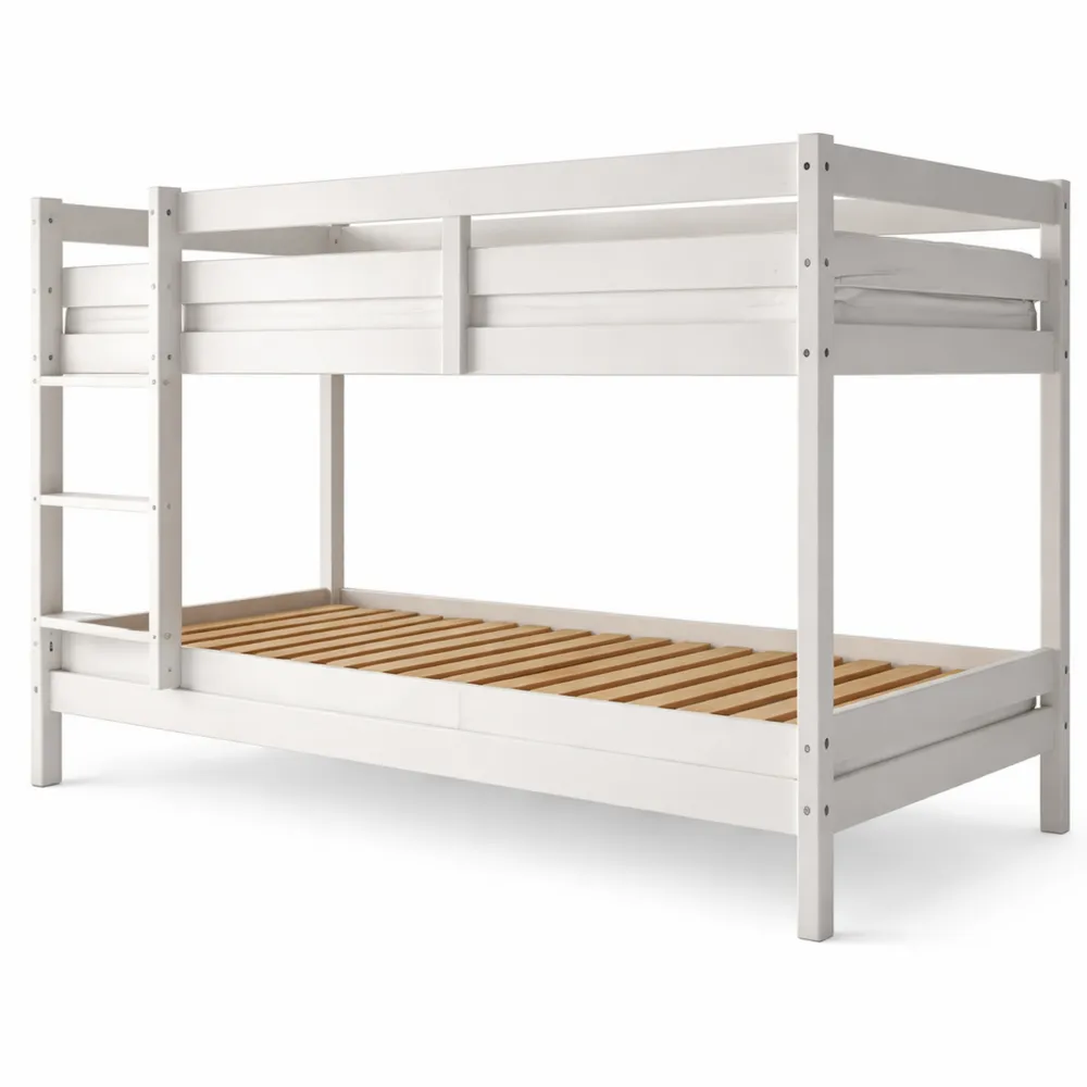 Letto a castello elegante con scala e reti per bambini, salvaspazio, legno massiccio, bianco