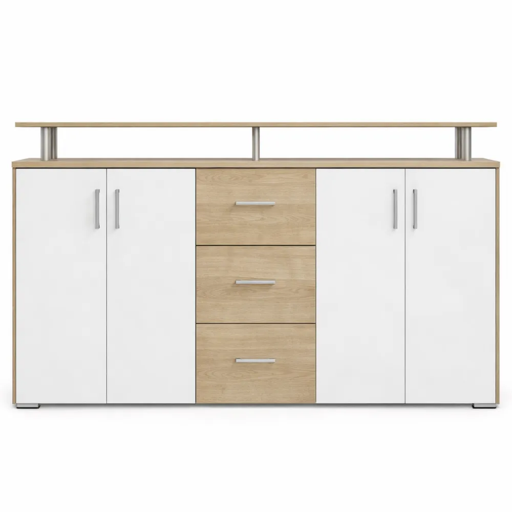 Comò spaziosa con ante e cassetti, laminato bicolore, dimensioni 176,5x90x38,5 cm